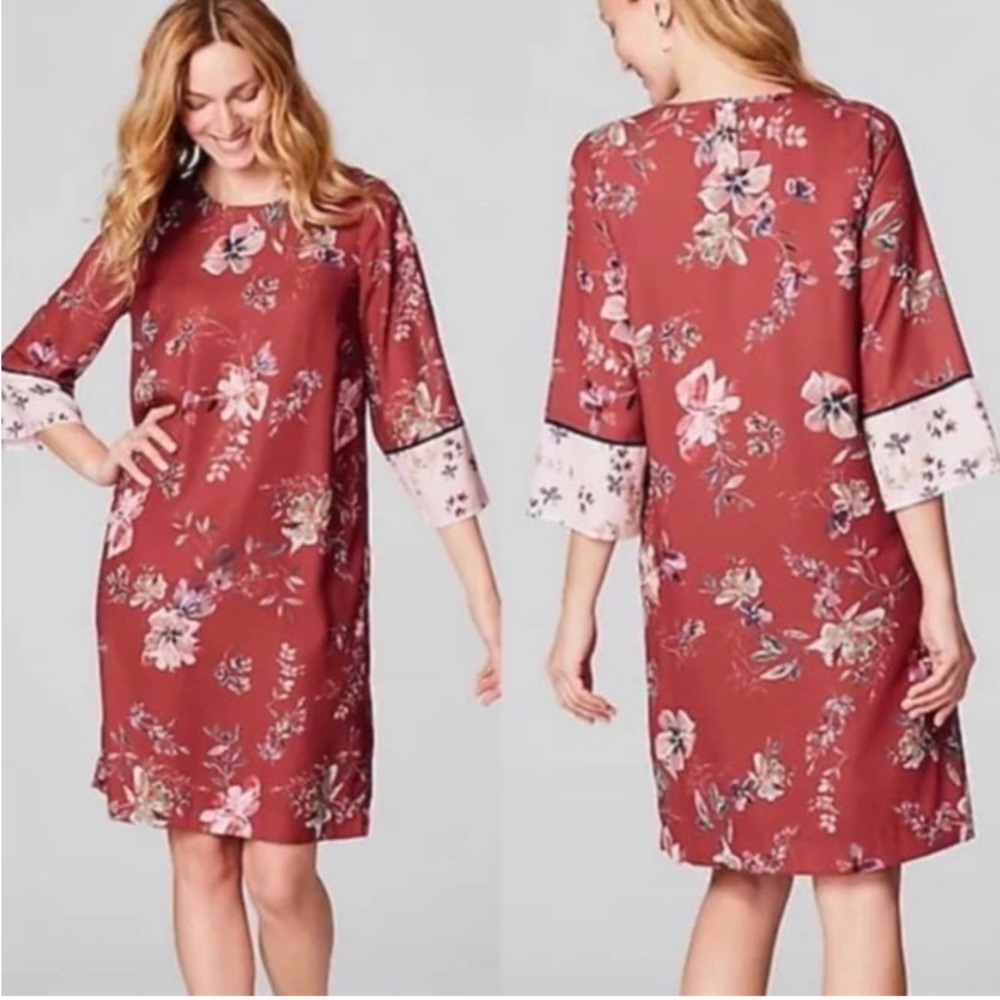 J Jill Knee Length Dress Flare Sleeve Sz‎ MP Mixed Floral Satin Boho 3/4 sleeves